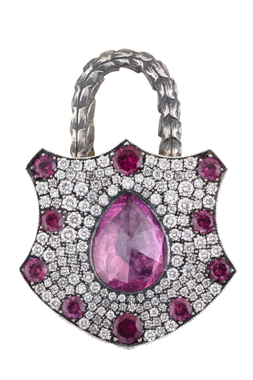  Pink Sapphire Rhodolite Diamond Shield Padlock Pendant-YELLOW GOLD-JEWELRYFINE JEWELPENDANT-SEVAN BICAKCI 