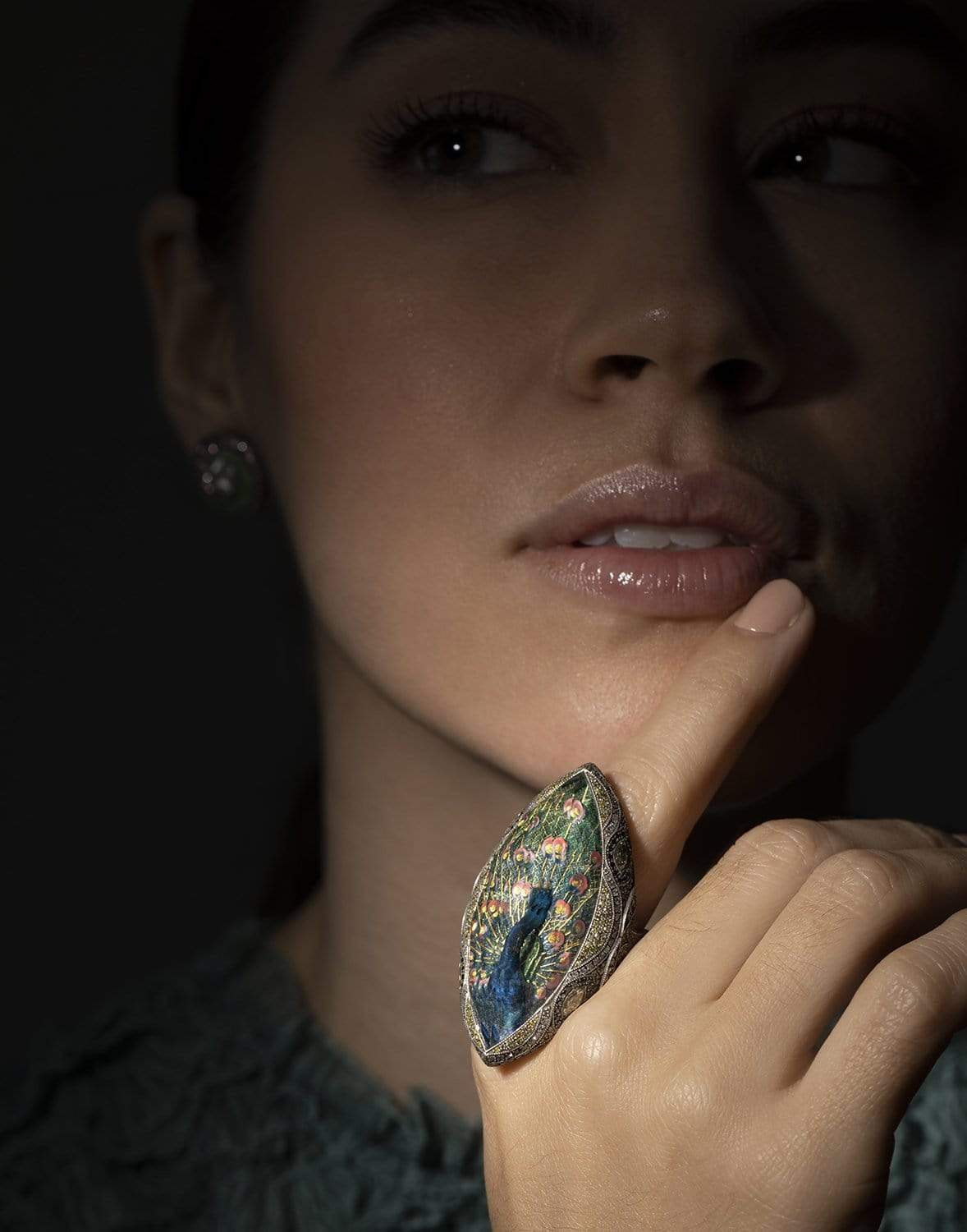 SEVAN BICAKCI-Reverse Carved Amethyst Micro Mosaic Peacock Ring-YELLOW GOLD