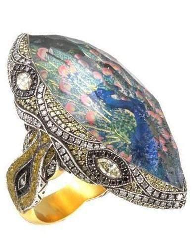SEVAN BICAKCI-Reverse Carved Amethyst Micro Mosaic Peacock Ring-YELLOW GOLD