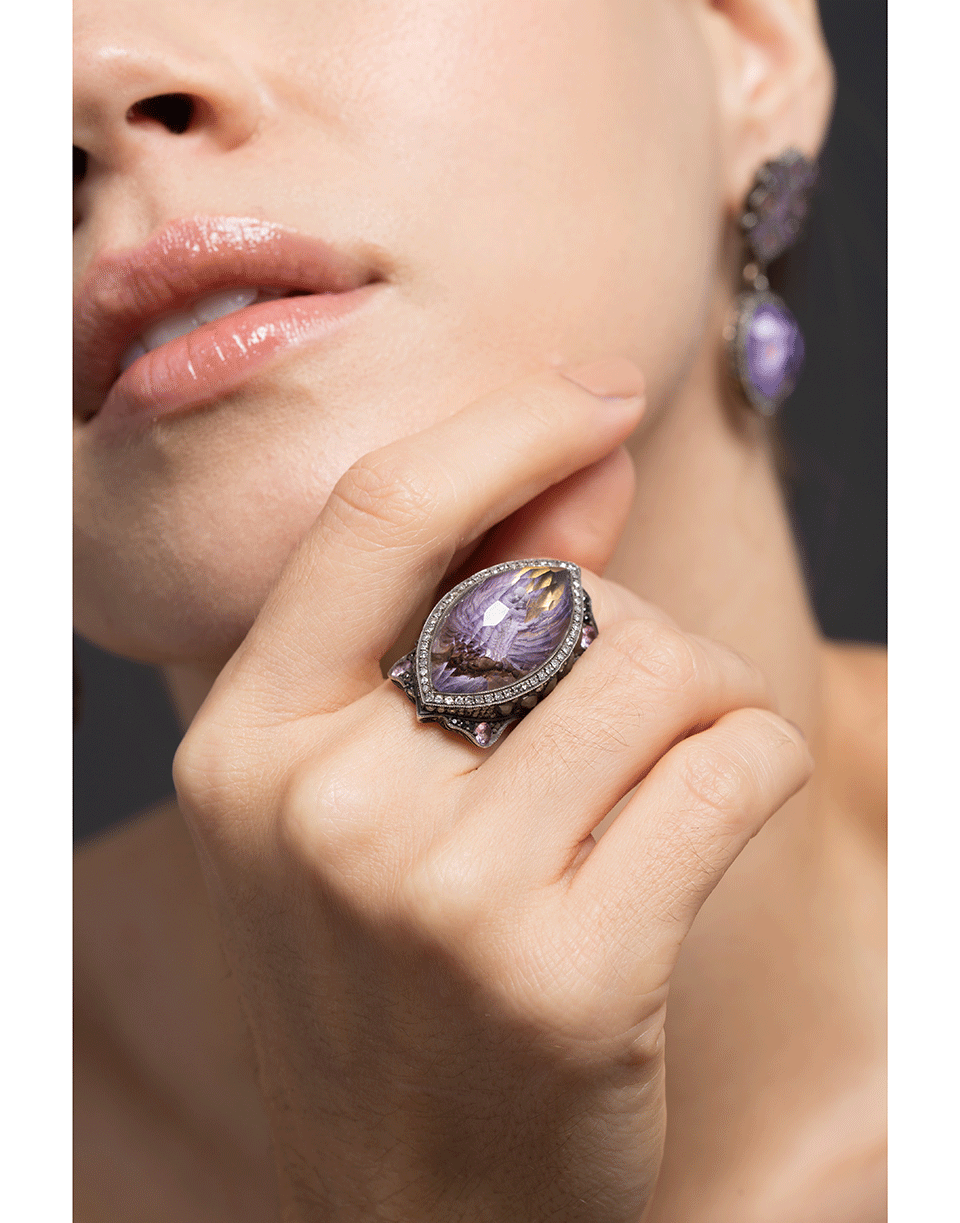 SEVAN BICAKCI-Carved Amethyst Dove In Flight Ring-YELLOW GOLD
