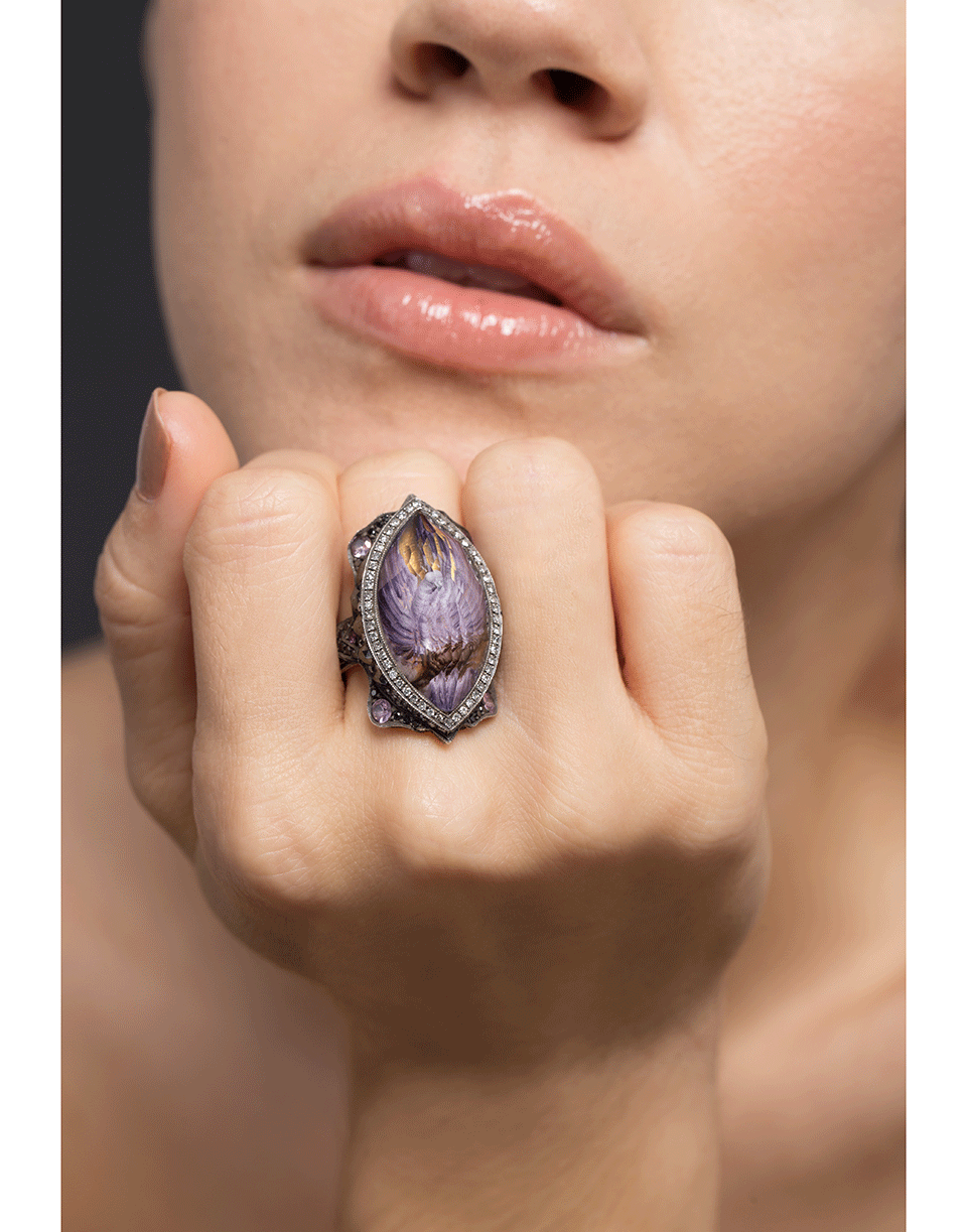 SEVAN BICAKCI-Carved Amethyst Dove In Flight Ring-YELLOW GOLD