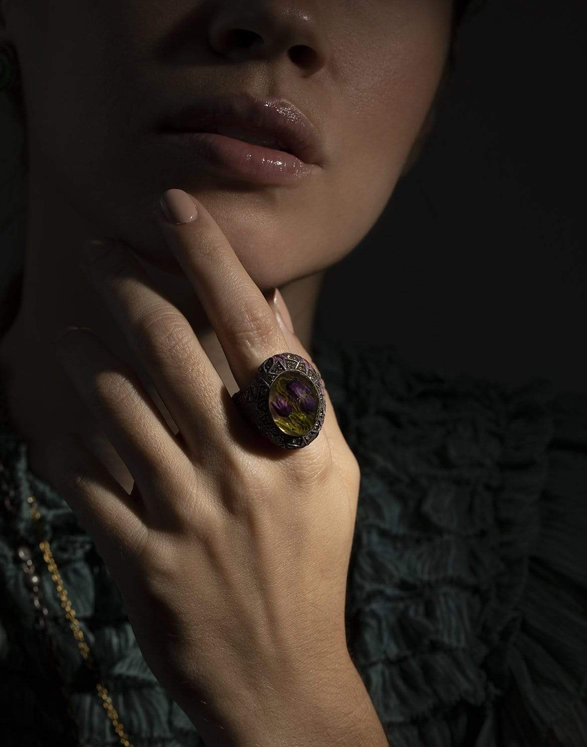 SEVAN BICAKCI-Carved Topaz Tulip Purple Micro Mosaic Ring-YELLOW GOLD
