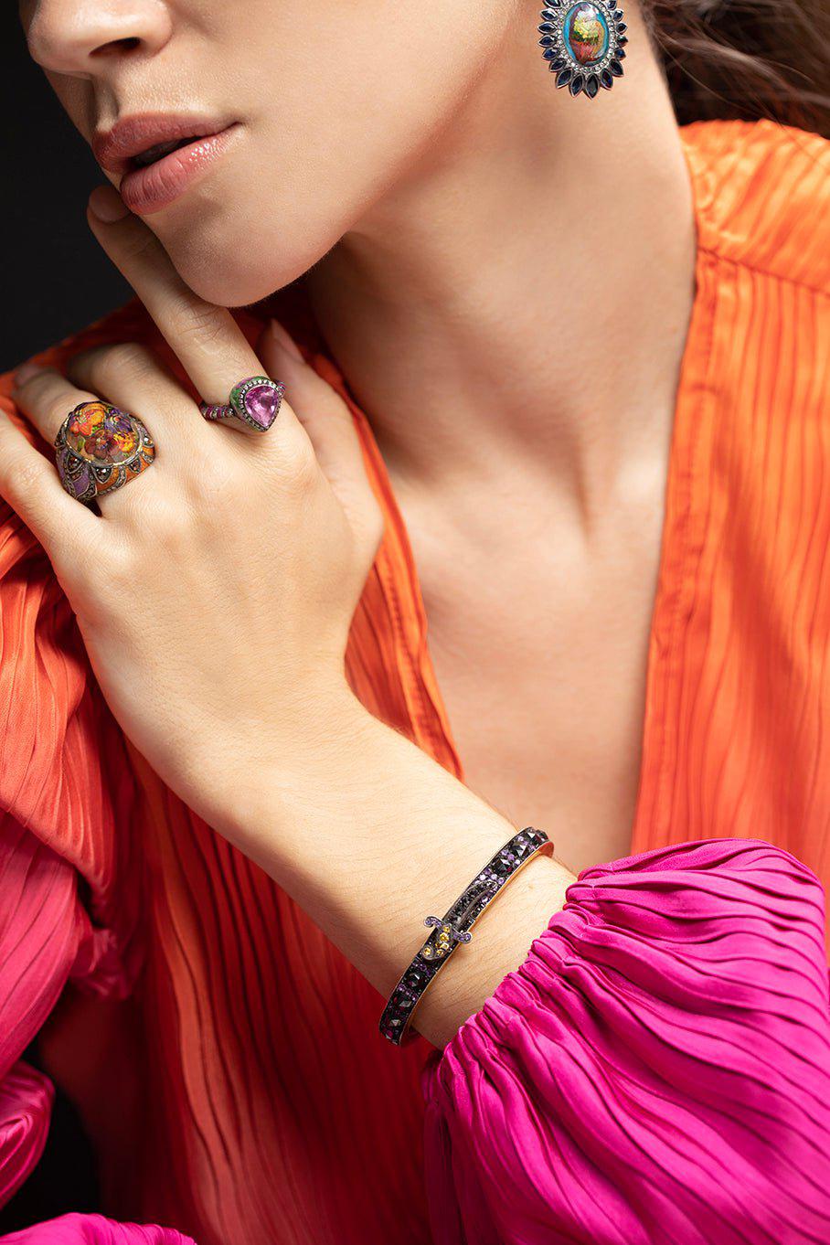 SEVAN BICAKCI-Pink Sapphire Diamond Grape Leaves Ring-YELLOW GOLD