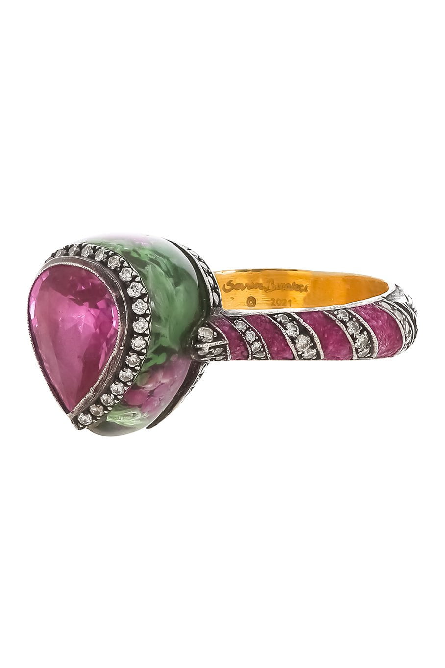SEVAN BICAKCI-Pink Sapphire Diamond Grape Leaves Ring-YELLOW GOLD