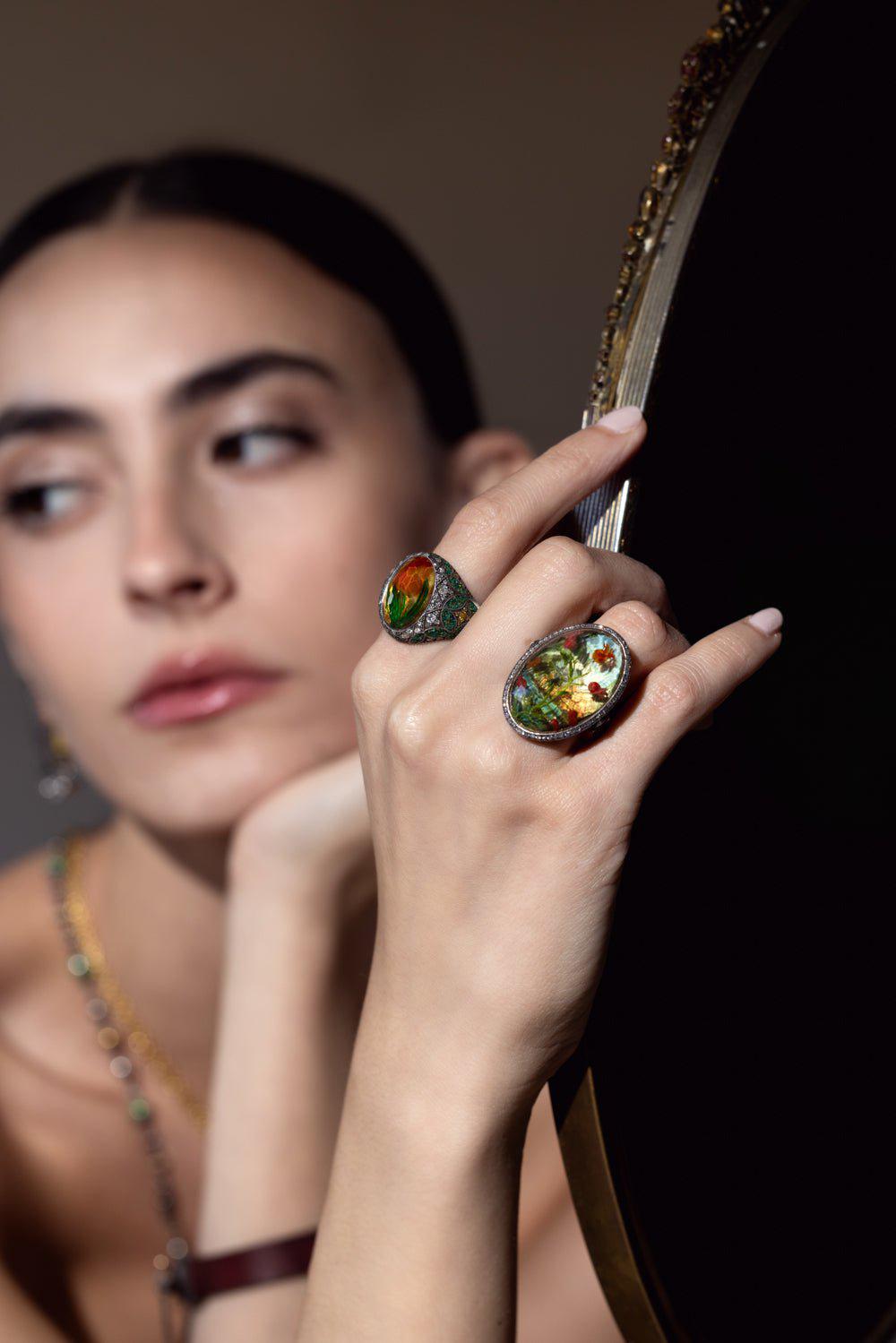SEVAN BICAKCI-Carved Citrine Tulip Micro Mosaic Ring-YELLOW GOLD