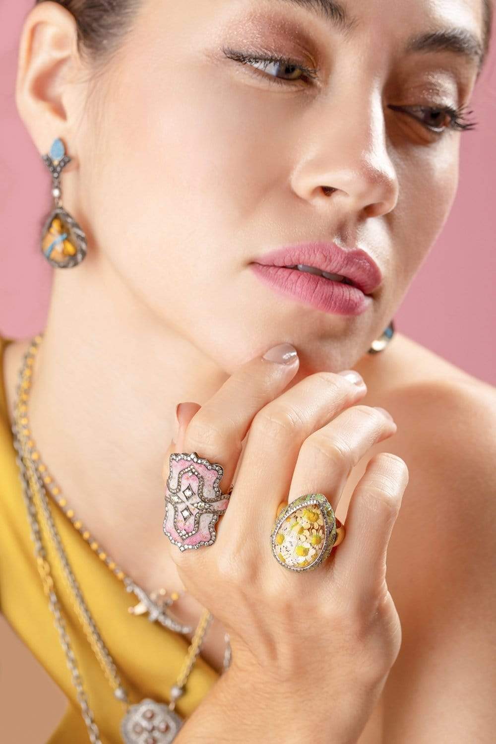 SEVAN BICAKCI-Pink Micro Mosaic Shield Ring-YELLOW GOLD
