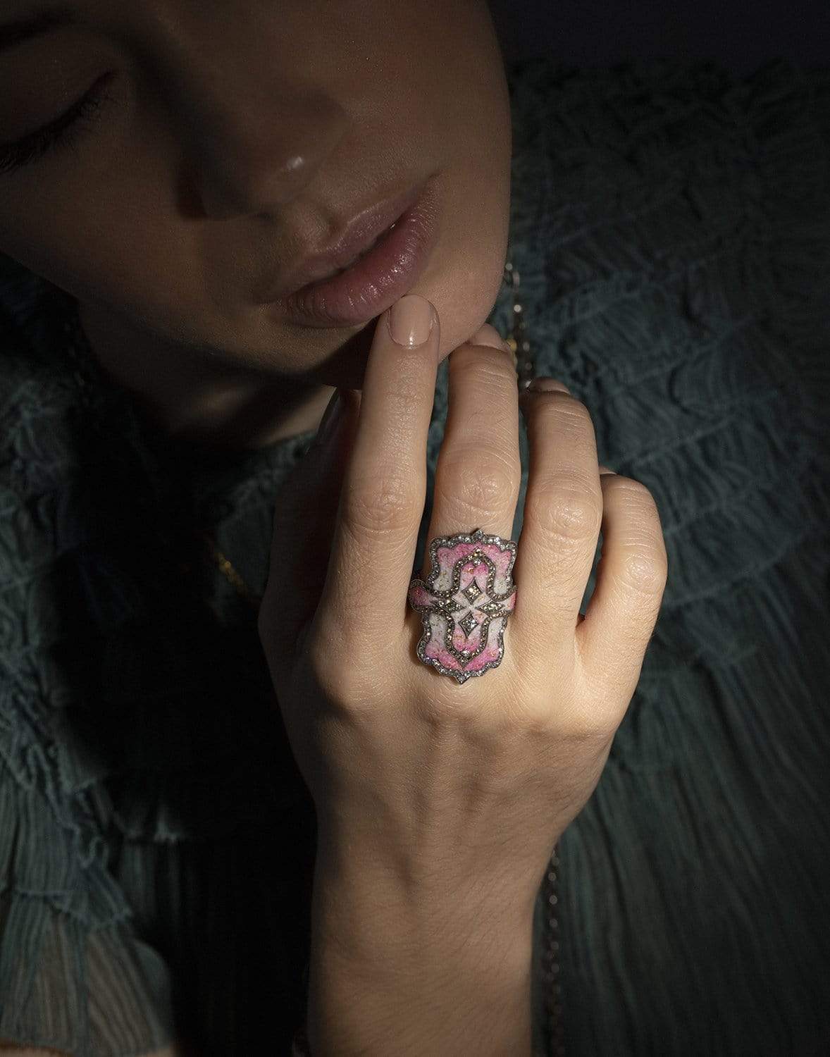 SEVAN BICAKCI-Pink Micro Mosaic Shield Ring-YELLOW GOLD