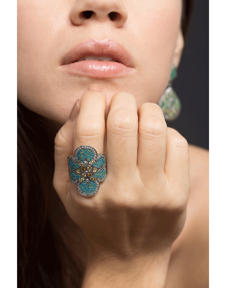 SEVAN BICAKCI-Turquoise Micro Mosaic Shield Ring-YELLOW GOLD