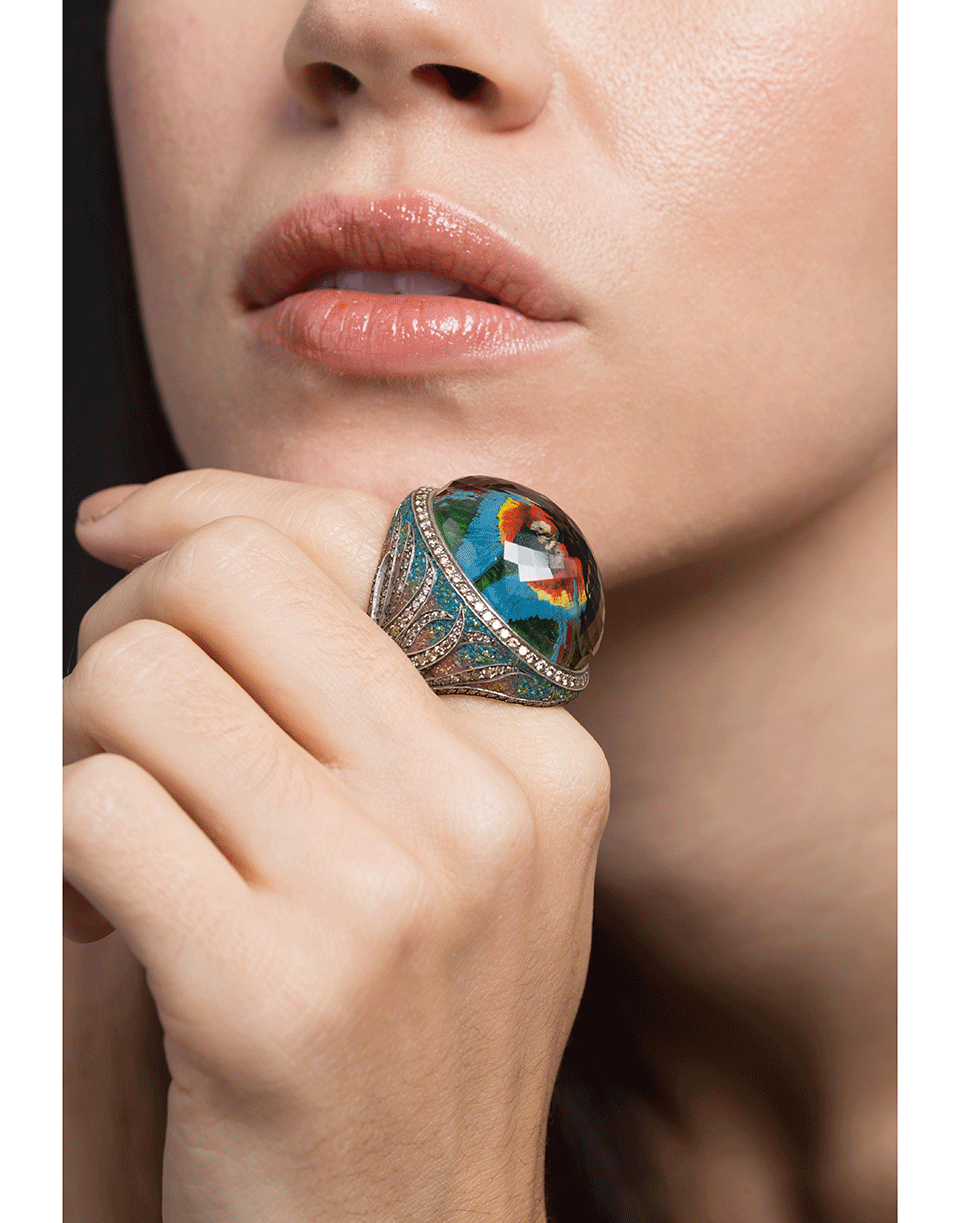 SEVAN BICAKCI-Carved Multi-Color Parrot Ring-YELLOW GOLD