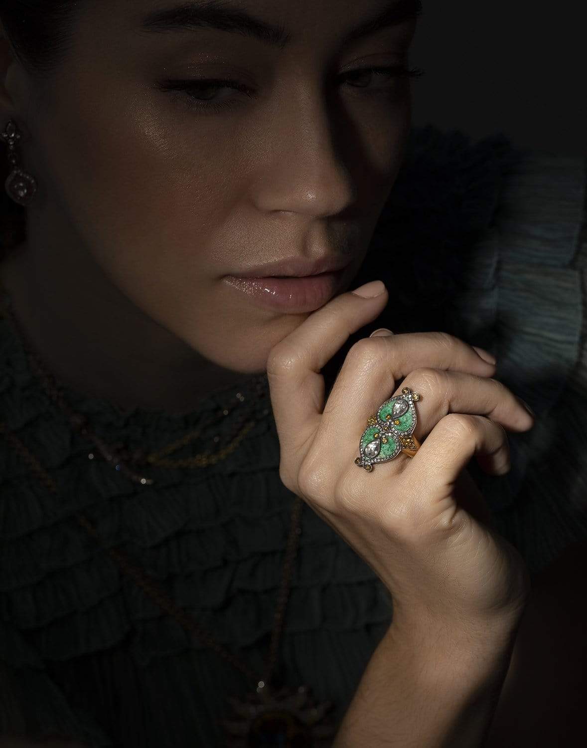 SEVAN BICAKCI-Green Micro Mosaic Shield Ring-YELLOW GOLD