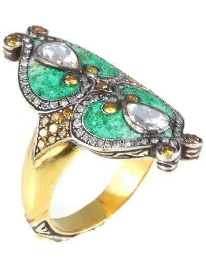SEVAN BICAKCI-Green Micro Mosaic Shield Ring-YELLOW GOLD