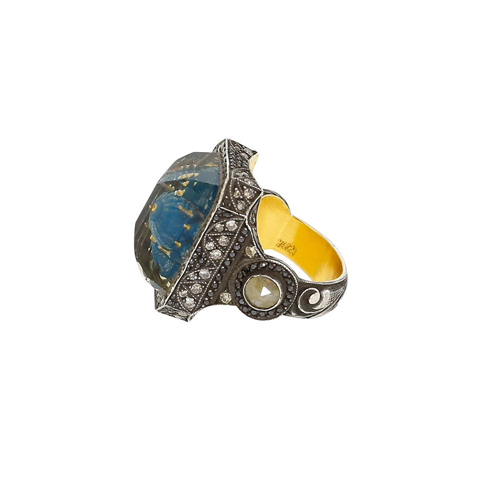 SEVAN BICAKCI-Carved Blue Mosque Rock Quartz Diamond Ring-YELLOW GOLD