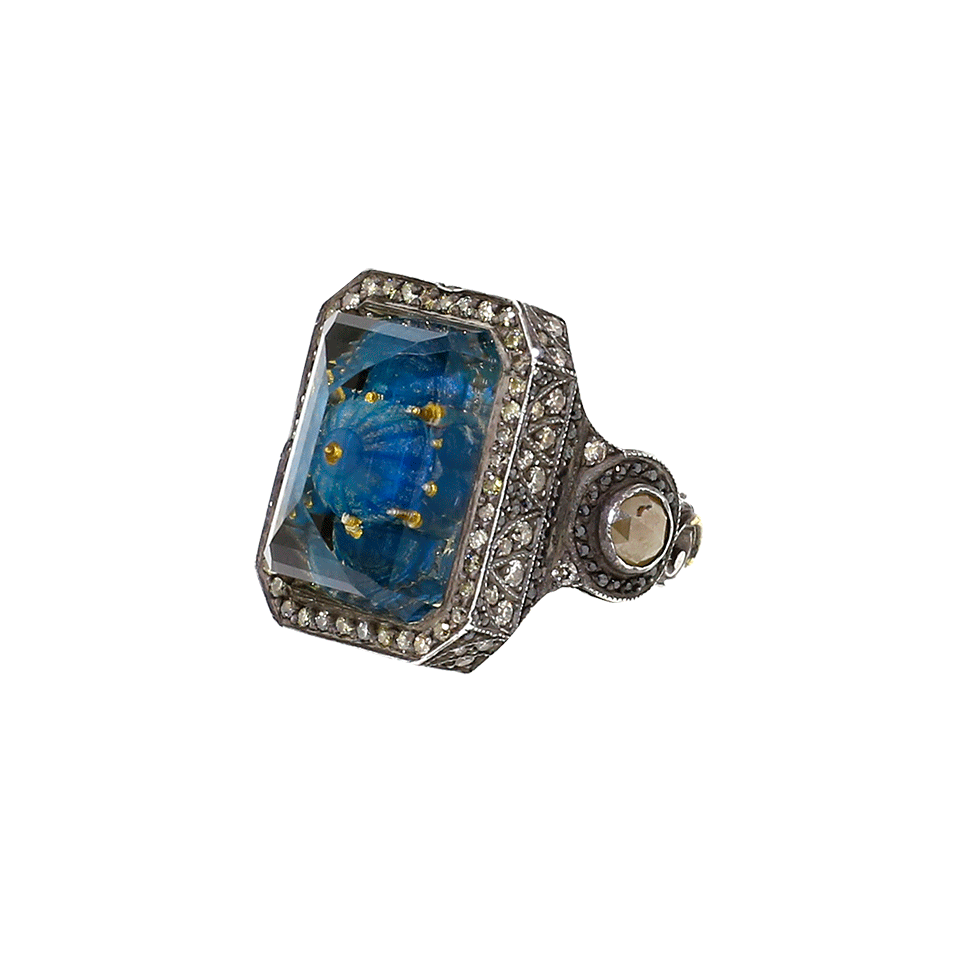 SEVAN BICAKCI-Carved Blue Mosque Rock Quartz Diamond Ring-YELLOW GOLD