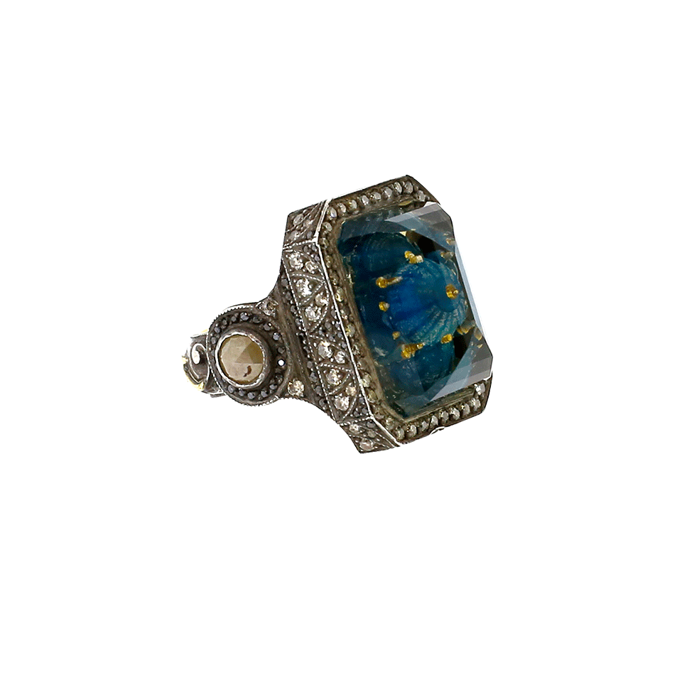 SEVAN BICAKCI-Carved Blue Mosque Rock Quartz Diamond Ring-YELLOW GOLD