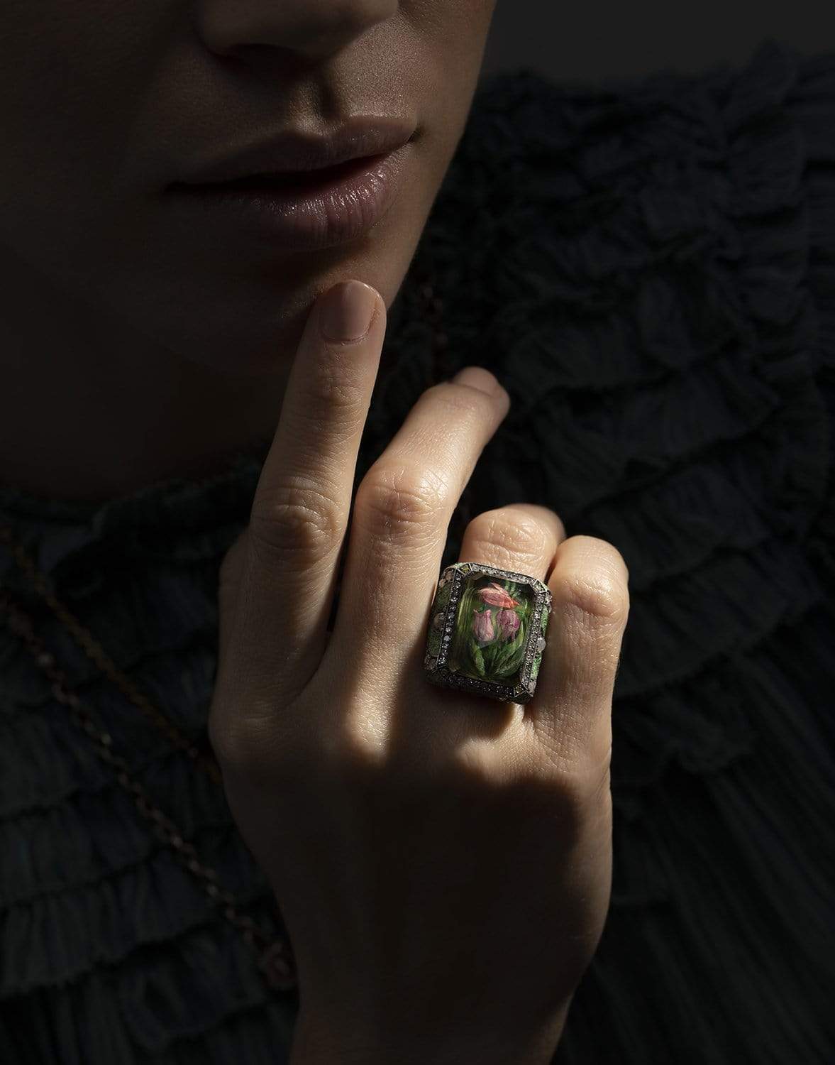 SEVAN BICAKCI-Carved Citrine Green Micro Mosaic Tulip Ring-YELLOW GOLD