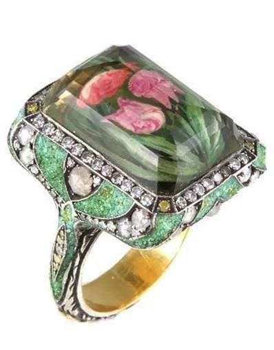 SEVAN BICAKCI-Carved Citrine Green Micro Mosaic Tulip Ring-YELLOW GOLD