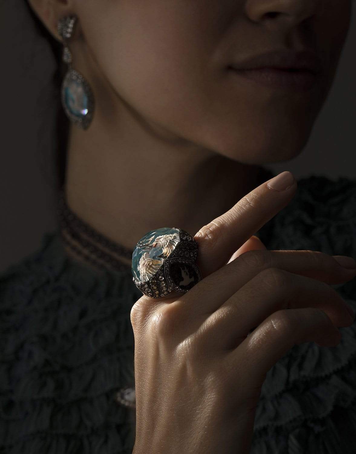 SEVAN BICAKCI-Reverse Carved Rock Quartz Dove Ring-YELLOW GOLD