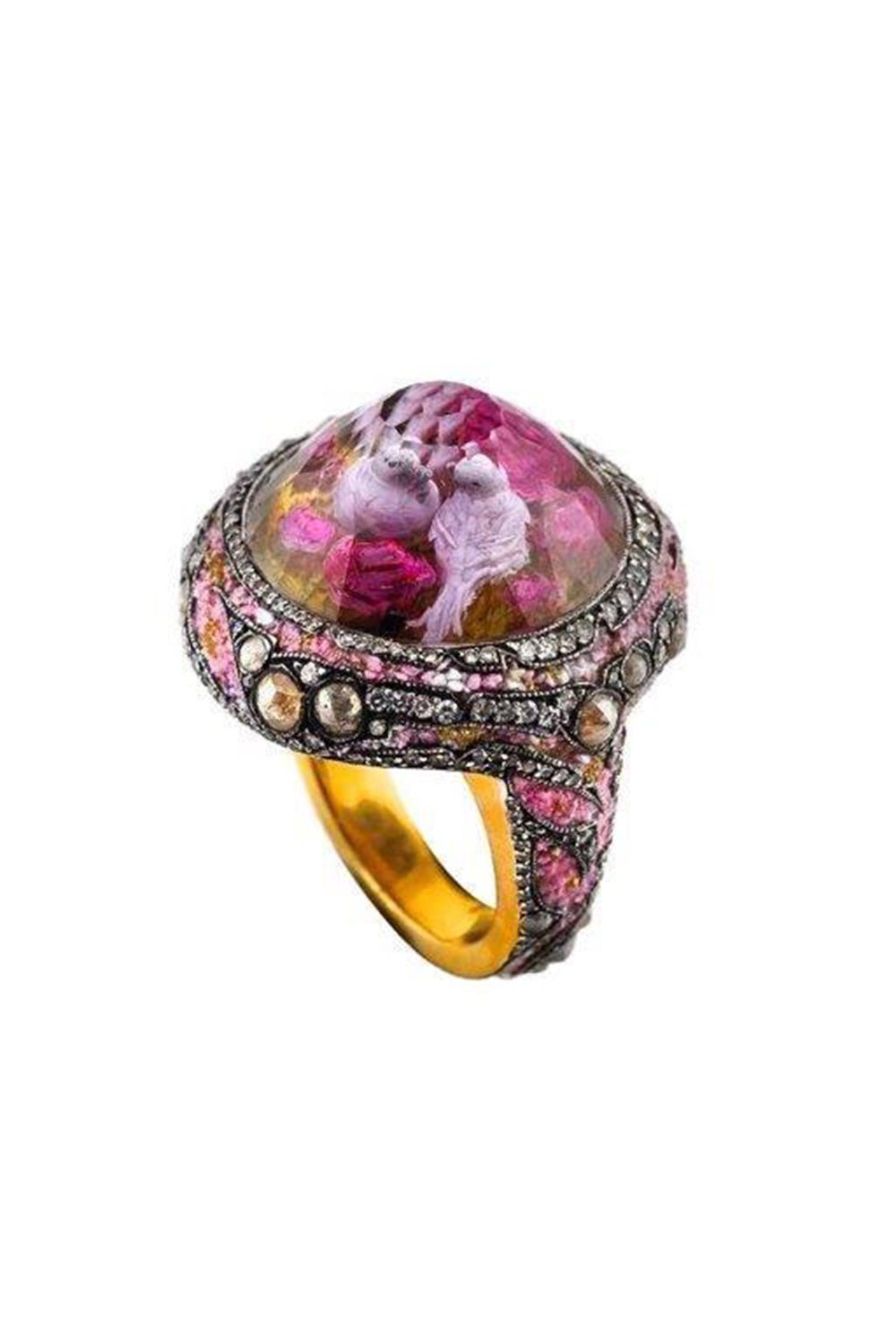 SEVAN BICAKCI-Carved Amethyst Love Bird Ring-YELLOW GOLD