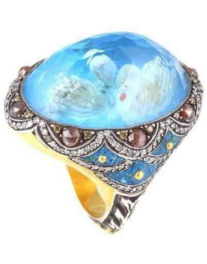 SEVAN BICAKCI-Reverse Carved Topaz Micro Mosaic Swan Ring-YELLOW GOLD