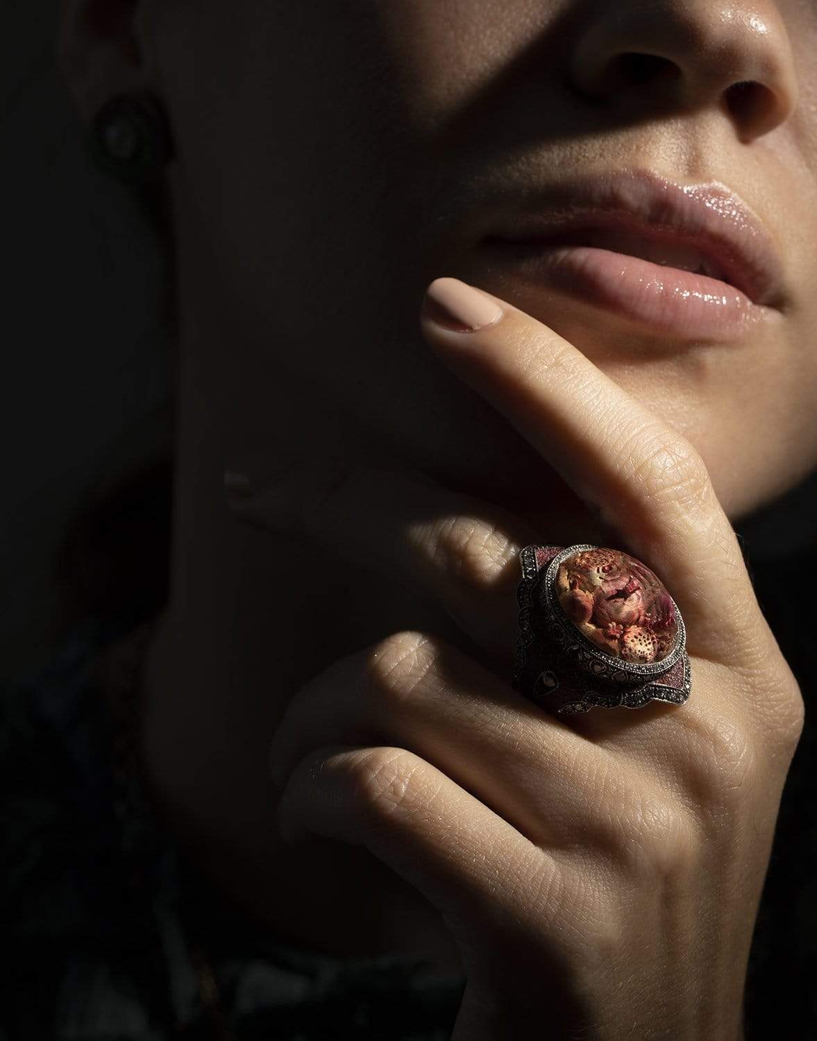 SEVAN BICAKCI-Carved Topaz Pomegranate Micro Mosaic Ring-YELLOW GOLD