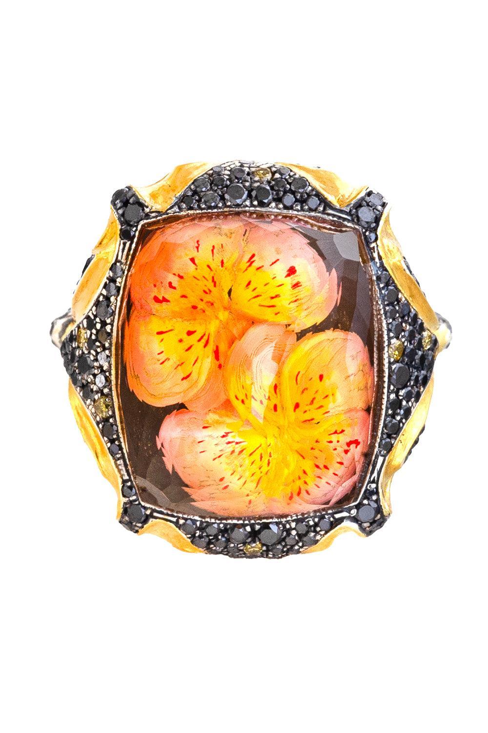  Black Yellow Diamonds Carved Flower Bloom Ring-YELLOW GOLD-JEWELRYFINE JEWELRING-SEVAN BICAKCI 