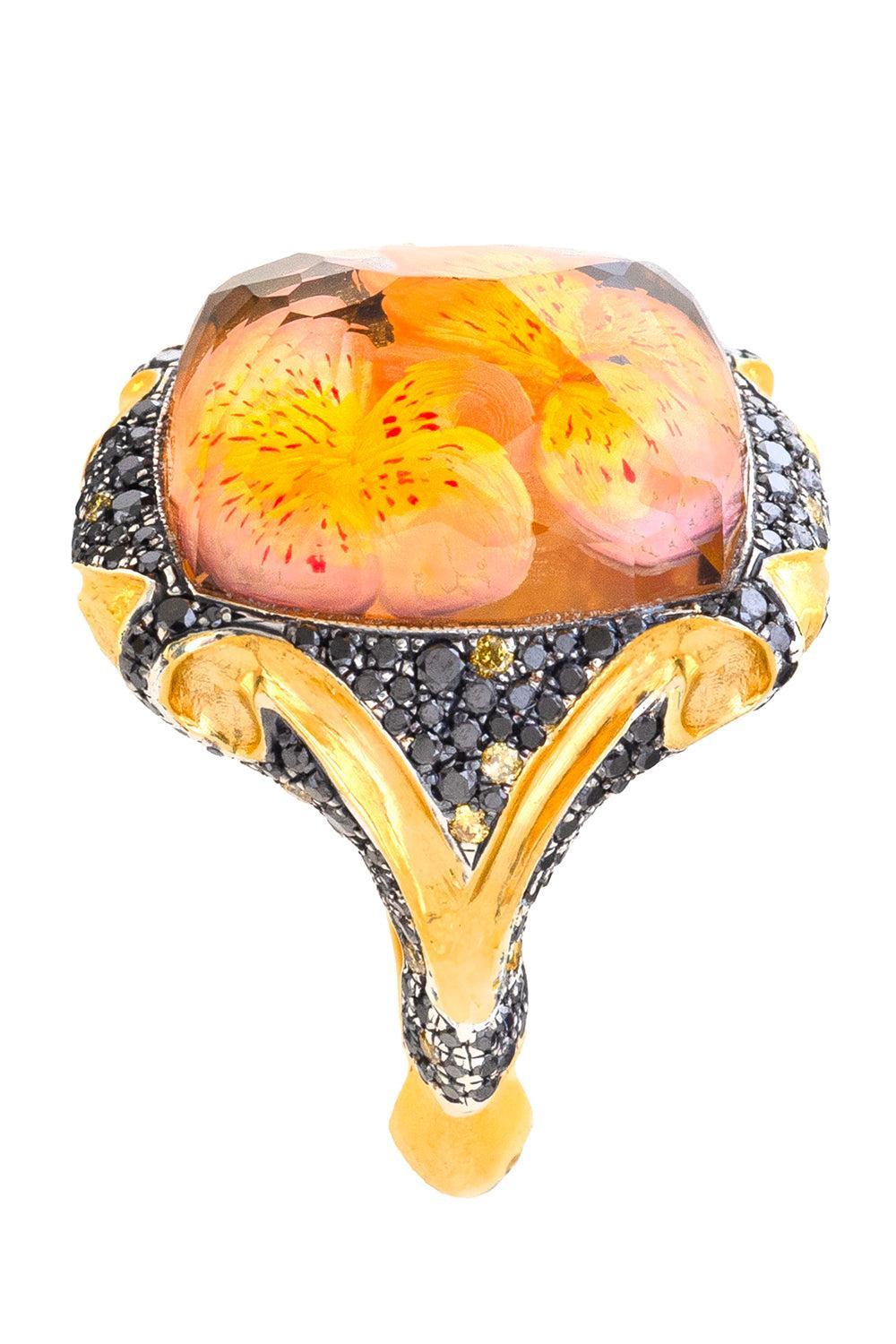  Black Yellow Diamonds Carved Flower Bloom Ring-YELLOW GOLD-JEWELRYFINE JEWELRING-SEVAN BICAKCI 