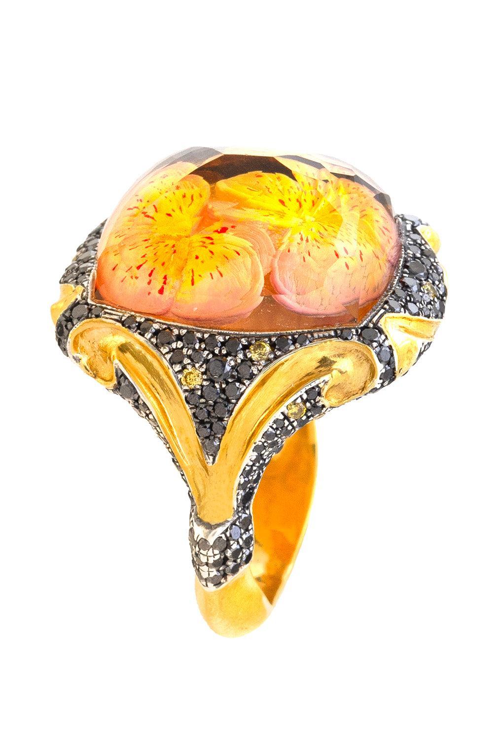  Black Yellow Diamonds Carved Flower Bloom Ring-YELLOW GOLD-JEWELRYFINE JEWELRING-SEVAN BICAKCI 