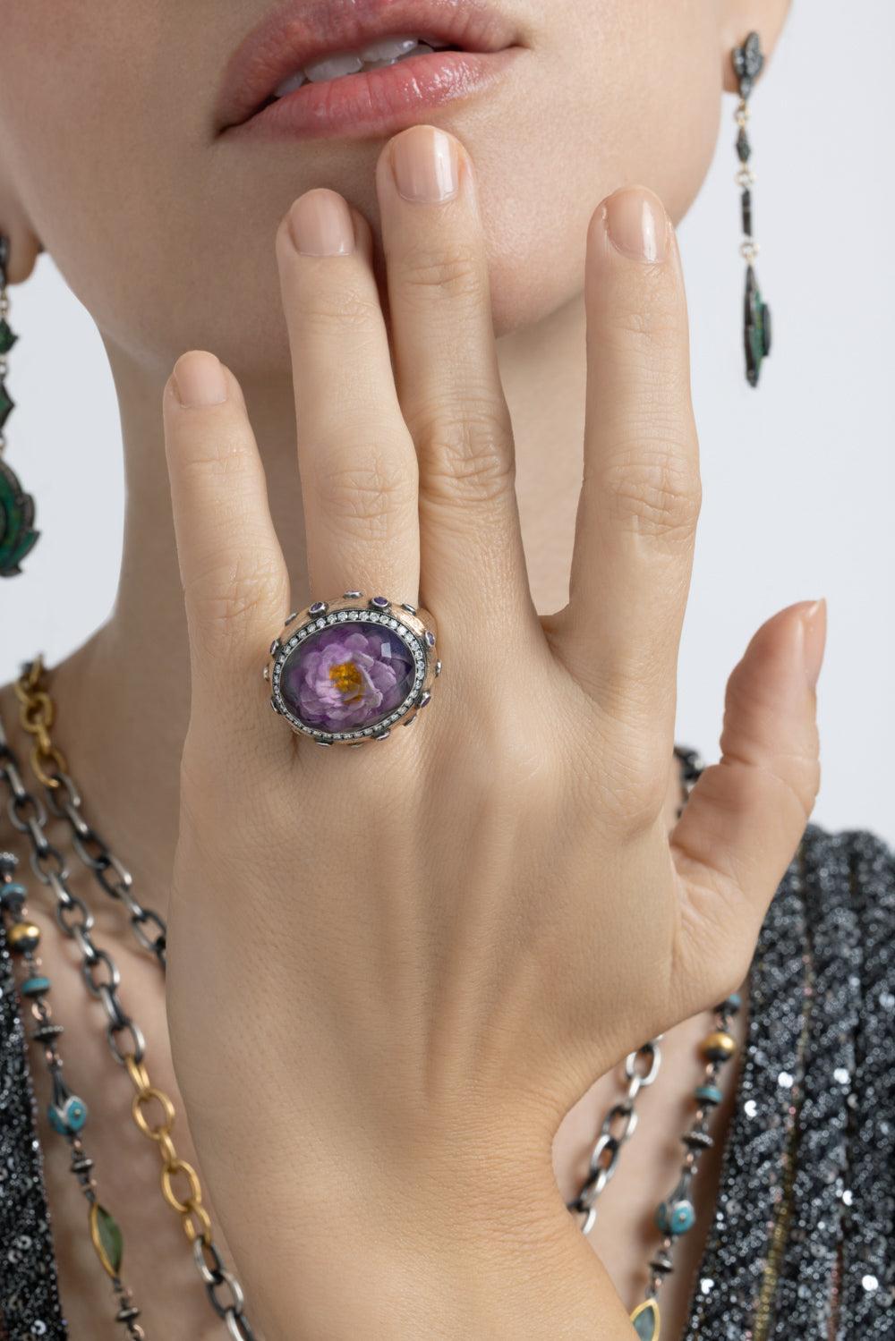Diamond Amethyst Carved Floral Bloom Ring-YELLOW GOLD-JEWELRYFINE JEWELRING-SEVAN BICAKCI