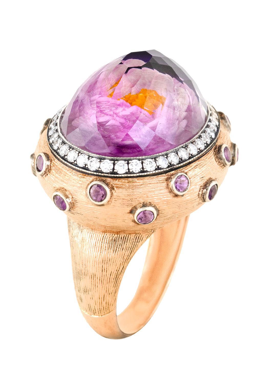 Diamond Amethyst Carved Floral Bloom Ring-YELLOW GOLD-JEWELRYFINE JEWELRING-SEVAN BICAKCI