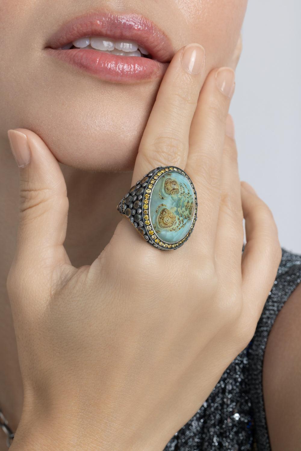Sapphire Yellow Diamond Carved Turtle Ring-YELLOW GOLD-JEWELRYFINE JEWELRING-SEVAN BICAKCI
