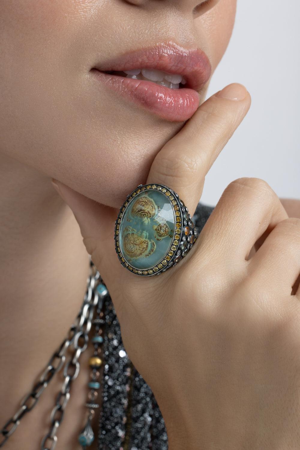 Sapphire Yellow Diamond Carved Turtle Ring-YELLOW GOLD-JEWELRYFINE JEWELRING-SEVAN BICAKCI