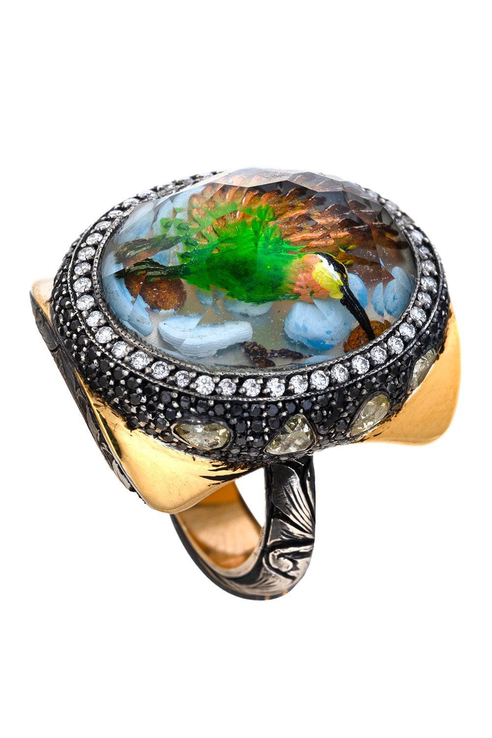  Yellow Black Diamond Carved Hummingbird Ring-YELLOW GOLD-JEWELRYFINE JEWELRING-SEVAN BICAKCI 