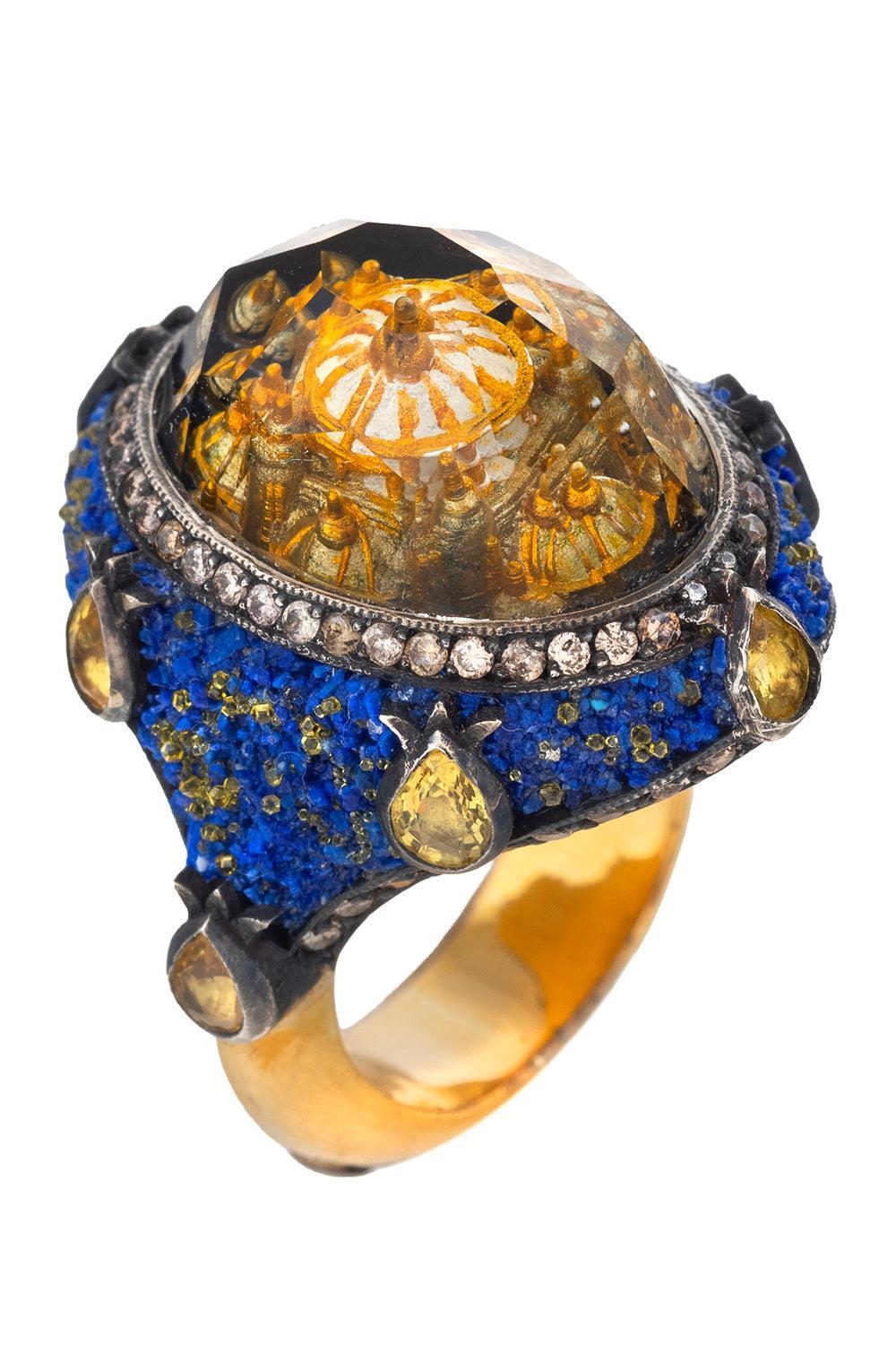  Yellow Sapphire Brown Diamond Ottoman Architecture Ring-YELLOW GOLD-JEWELRYFINE JEWELRING-SEVAN BICAKCI 