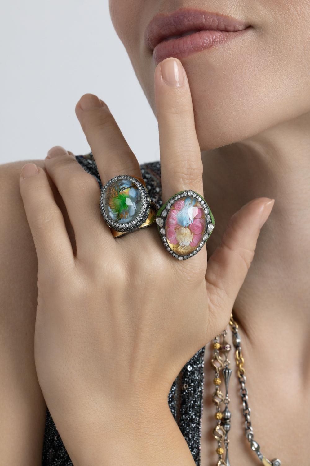 Diamond Lovebirds Mosaic Ring-YLWGLD-JEWELRYFINE JEWELRING-SEVAN BICAKCI