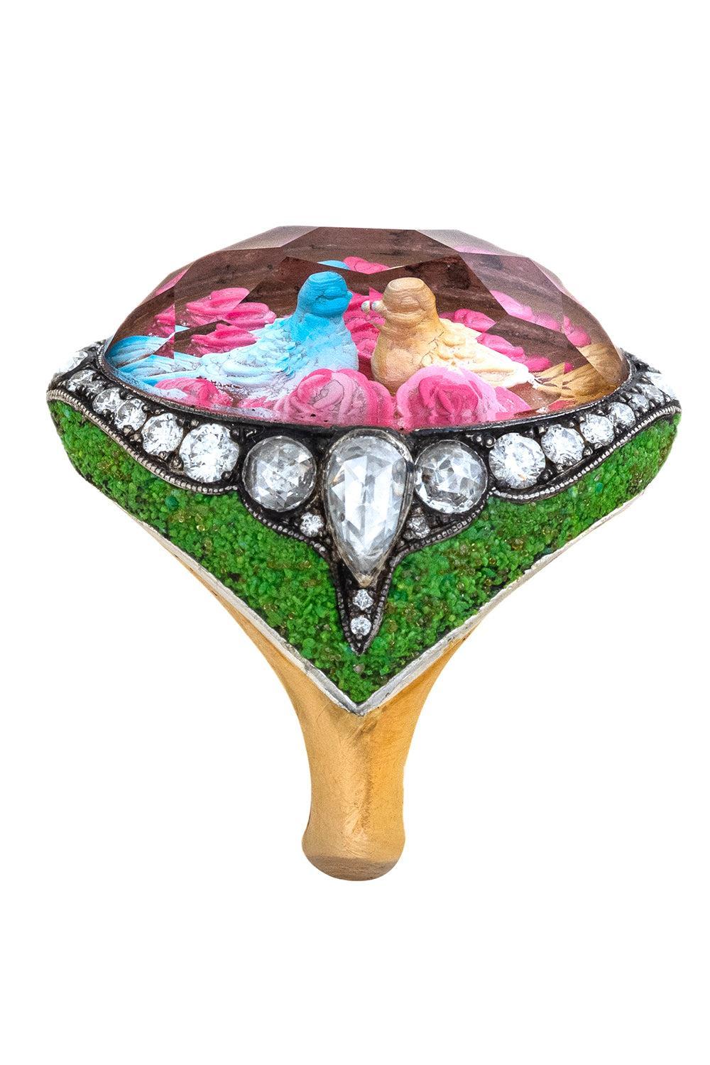 Diamond Lovebirds Mosaic Ring-YLWGLD-JEWELRYFINE JEWELRING-SEVAN BICAKCI