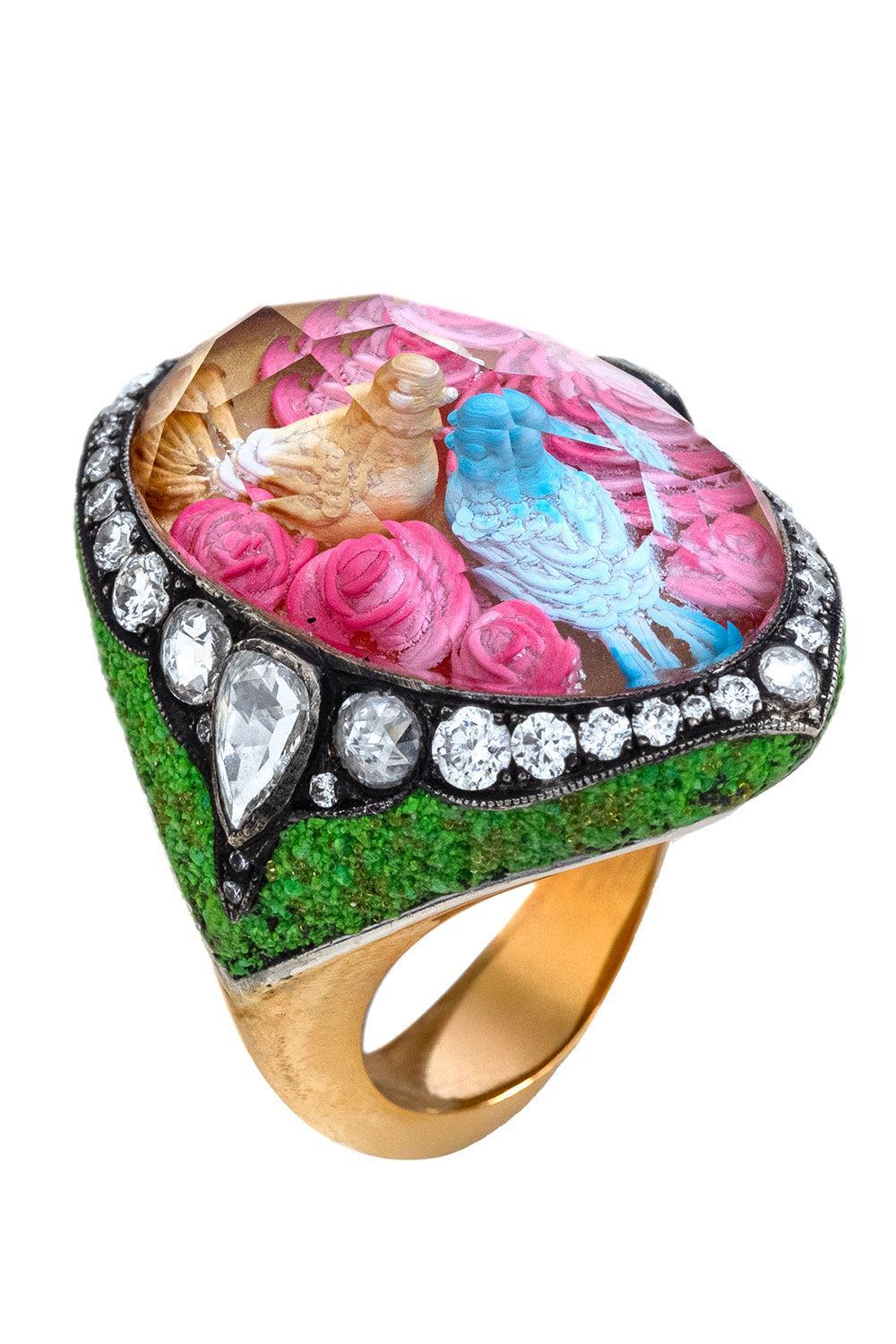  Diamond Lovebirds Mosaic Ring-YLWGLD-JEWELRYFINE JEWELRING-SEVAN BICAKCI 