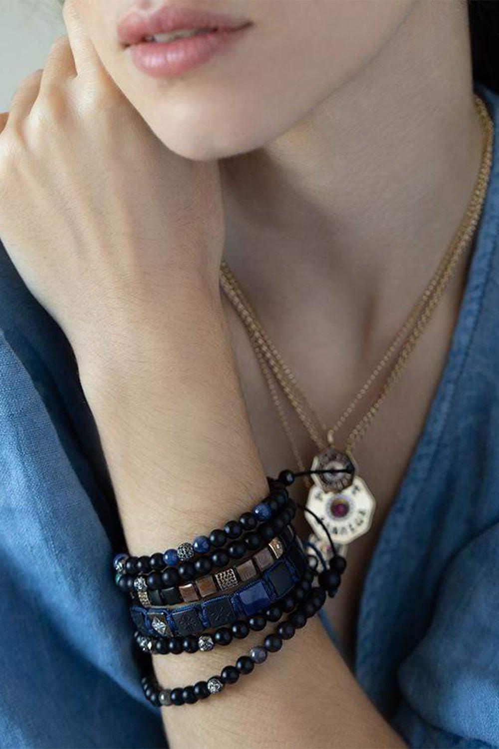SHAMBALLA JEWELS-Blue Sapphire and Onyx Bead Bracelet-BLACK GOLD