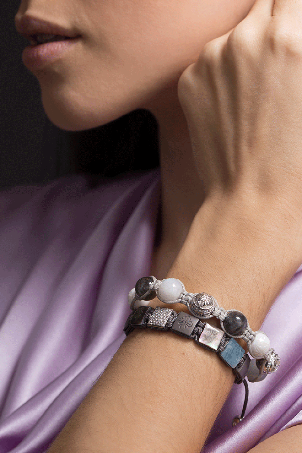 SHAMBALLA JEWELS-Aquamarine and Black Pearl Titanium Lock Bracelet-WHITE GOLD