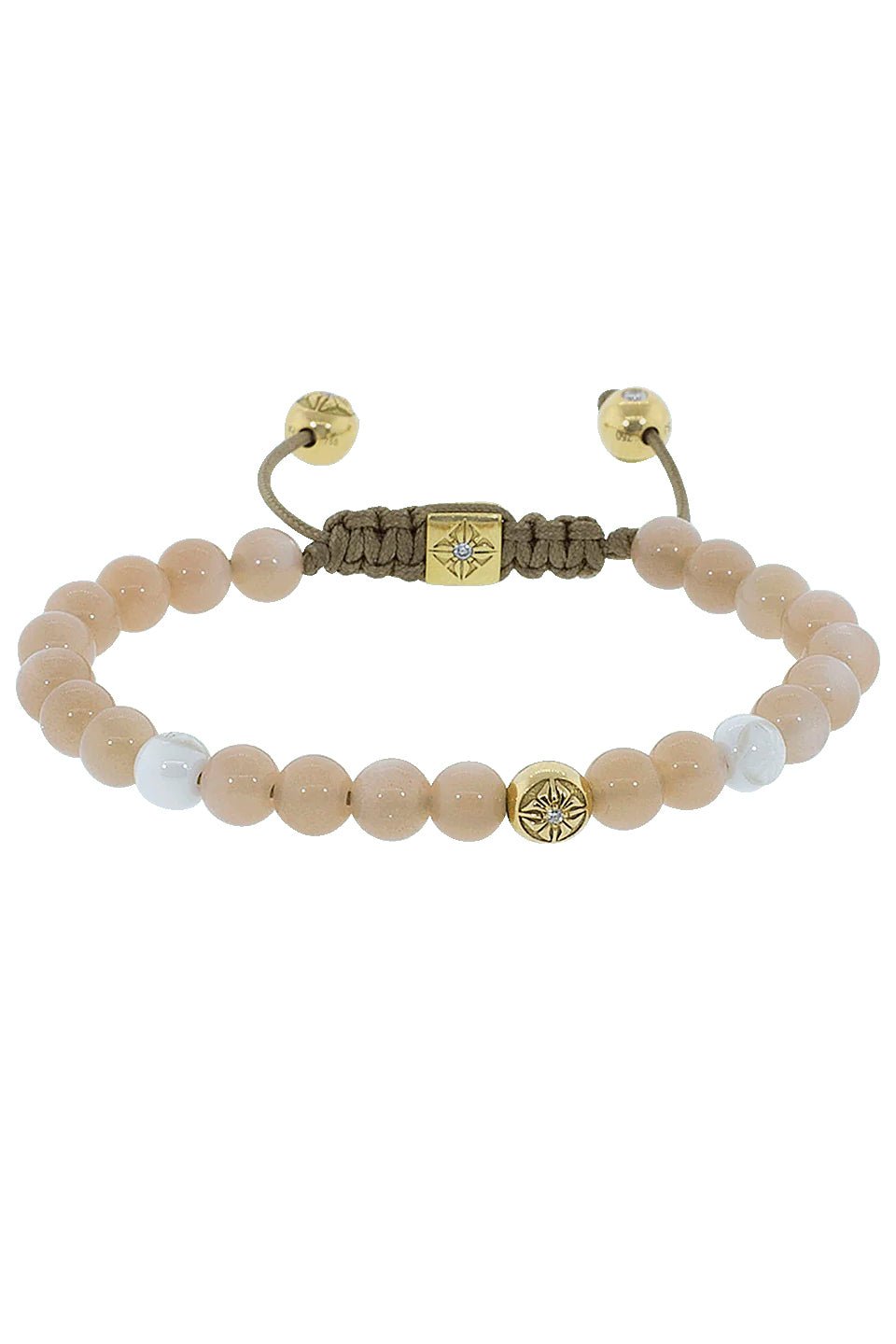 SHAMBALLA JEWELS-Peach Moonstone And White Ceramic Beaded Bracelet-YELLOW GOLD