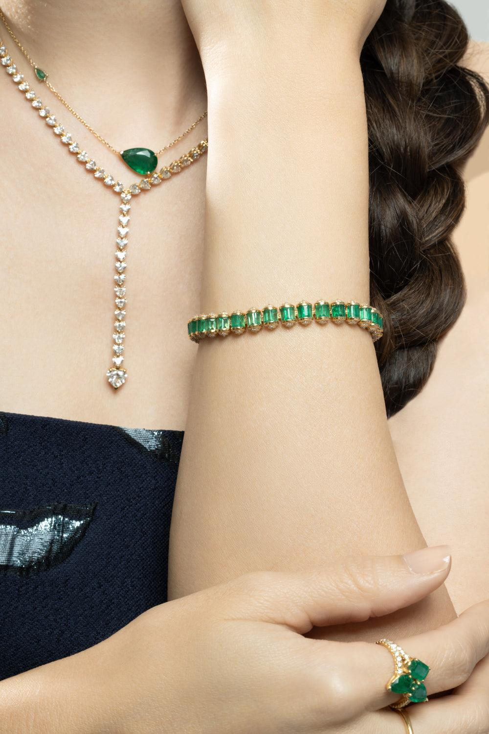 Diamond Emerald Medium Ripple Bracelet-YELLOW GOLD-6.5-JEWELRYFINE JEWELBRACELET O-SHAY JEWELRY