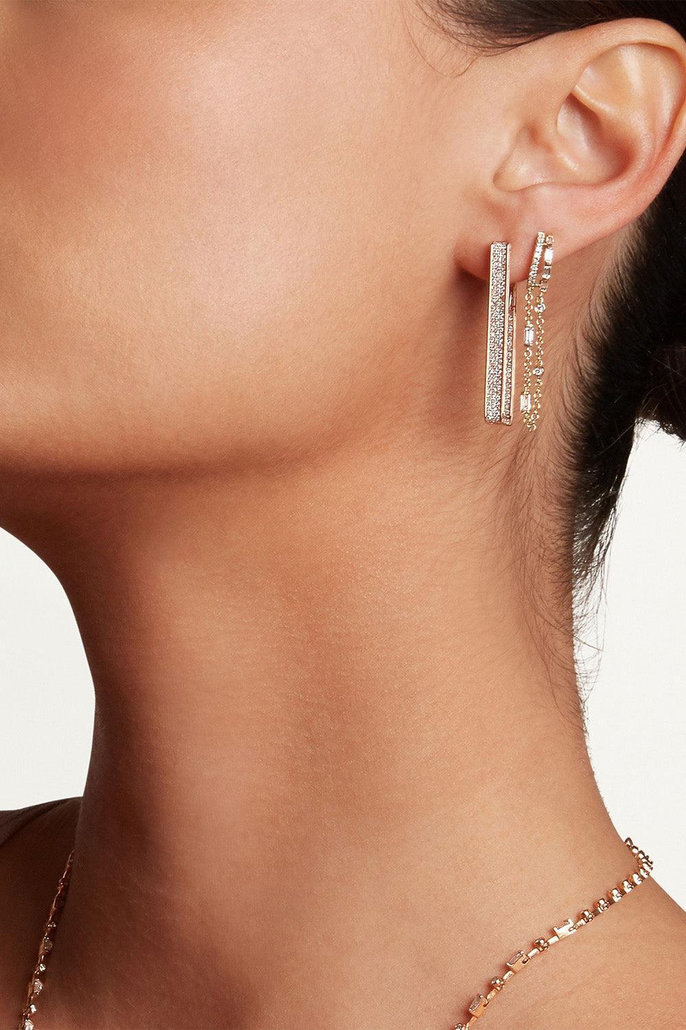 Diamond Mixed Double Fringe Huggie Earrings-ROSE GOLD-JEWELRYFINE JEWELEARRING-SHAY JEWELRY