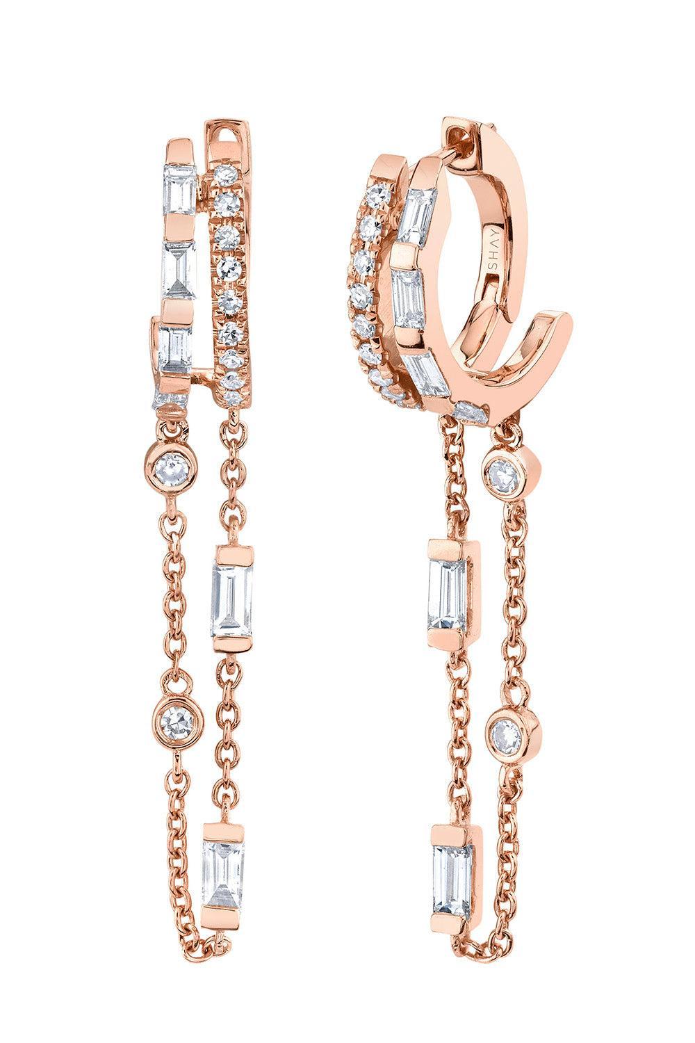 Diamond Mixed Double Fringe Huggie Earrings-ROSE GOLD-JEWELRYFINE JEWELEARRING-SHAY JEWELRY