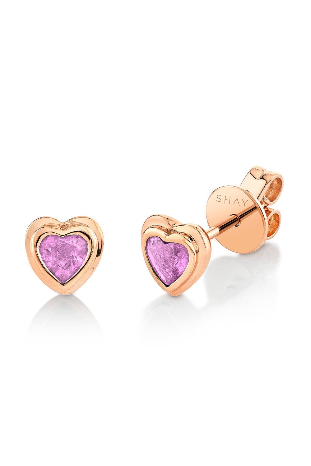 SHAY JEWELRY-MINI ME PINK SAPPHIRE BEZEL HEART STUD EARRINGS-ROSE GOLD