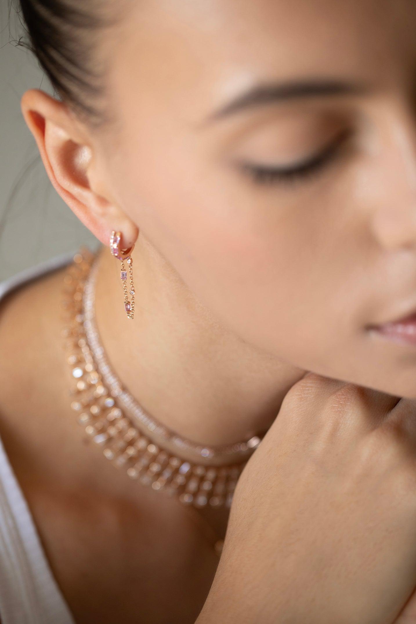 SHAY JEWELRY-Pink Sapphire Diamond Fringe Huggies-ROSE GOLD