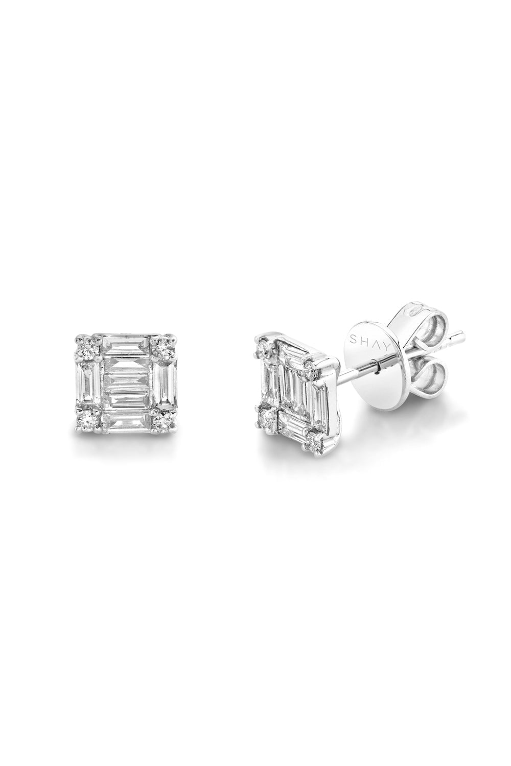 SHAY JEWELRY-DIAMOND SQUARE STACKED BAGUETTE STUD EARRINGS-WHITE GOLD