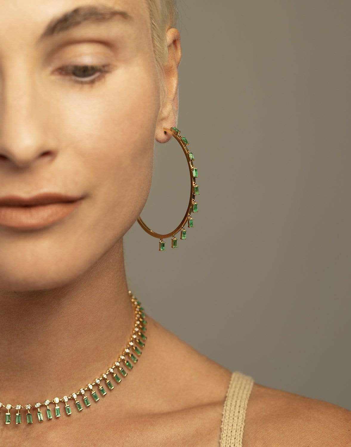SHAY JEWELRY-Emerald Baguette Dangle Hoops-YELLOW GOLD