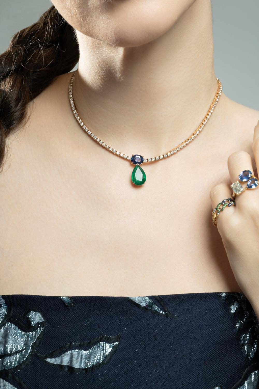 Emerald Blue Sapphire Diamond Drop Tennis Necklace-ROSE GOLD-JEWELRYFINE JEWELNECKLACE O-SHAY JEWELRY