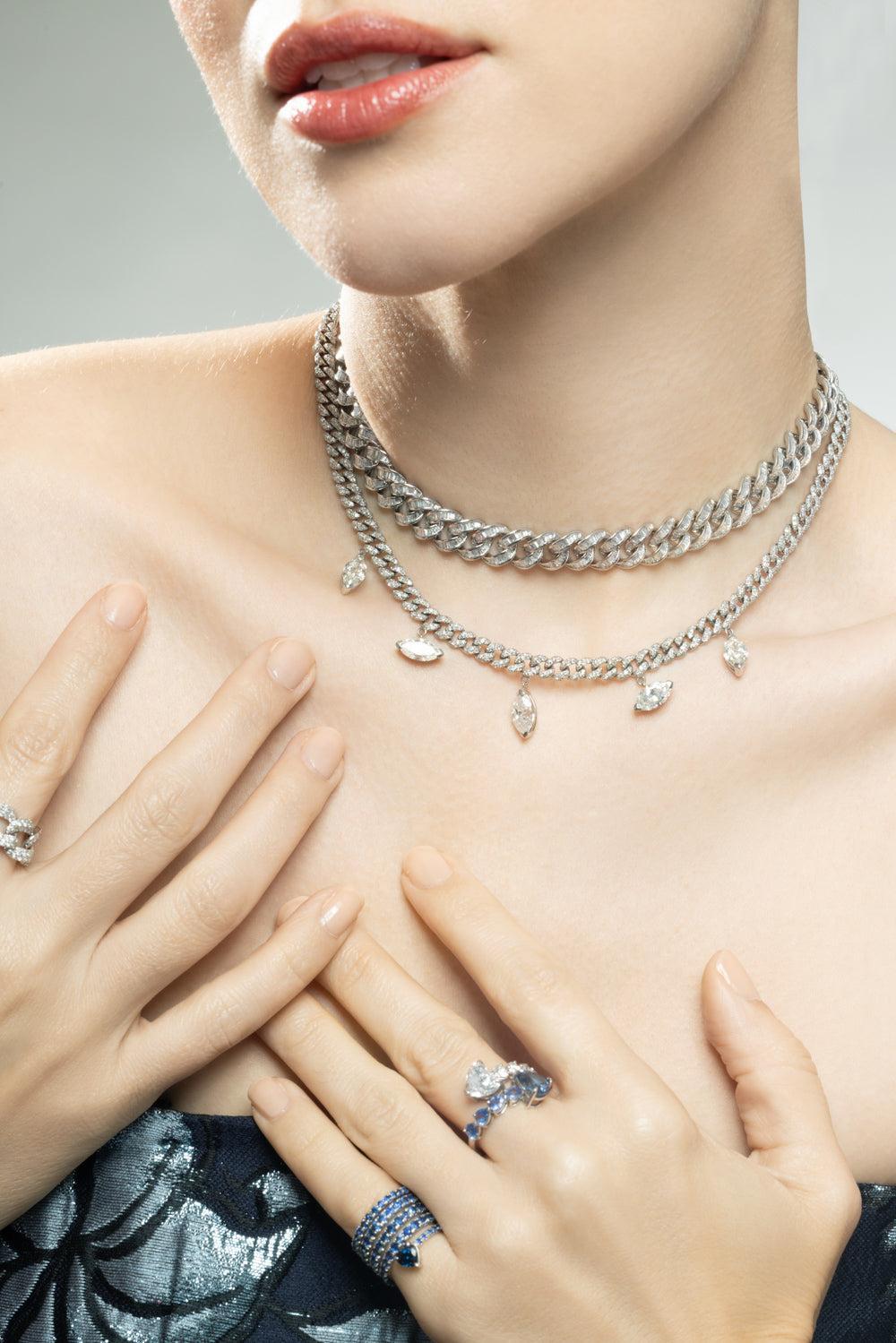 Diamond Marquise Drop Choker Necklace-WHITE GOLD-JEWELRYFINE JEWELNECKLACE O-SHAY JEWELRY