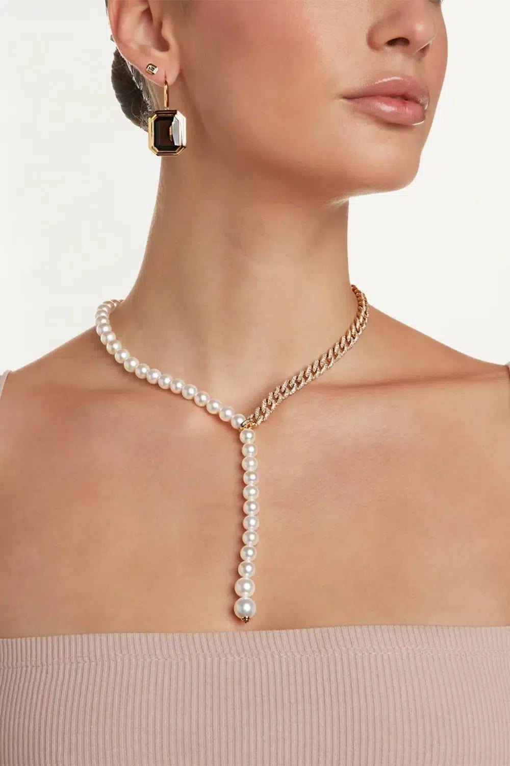 SHAY JEWELRY-PEARL DIAMOND SPLIT Y NECKLACE-YELLOW GOLD