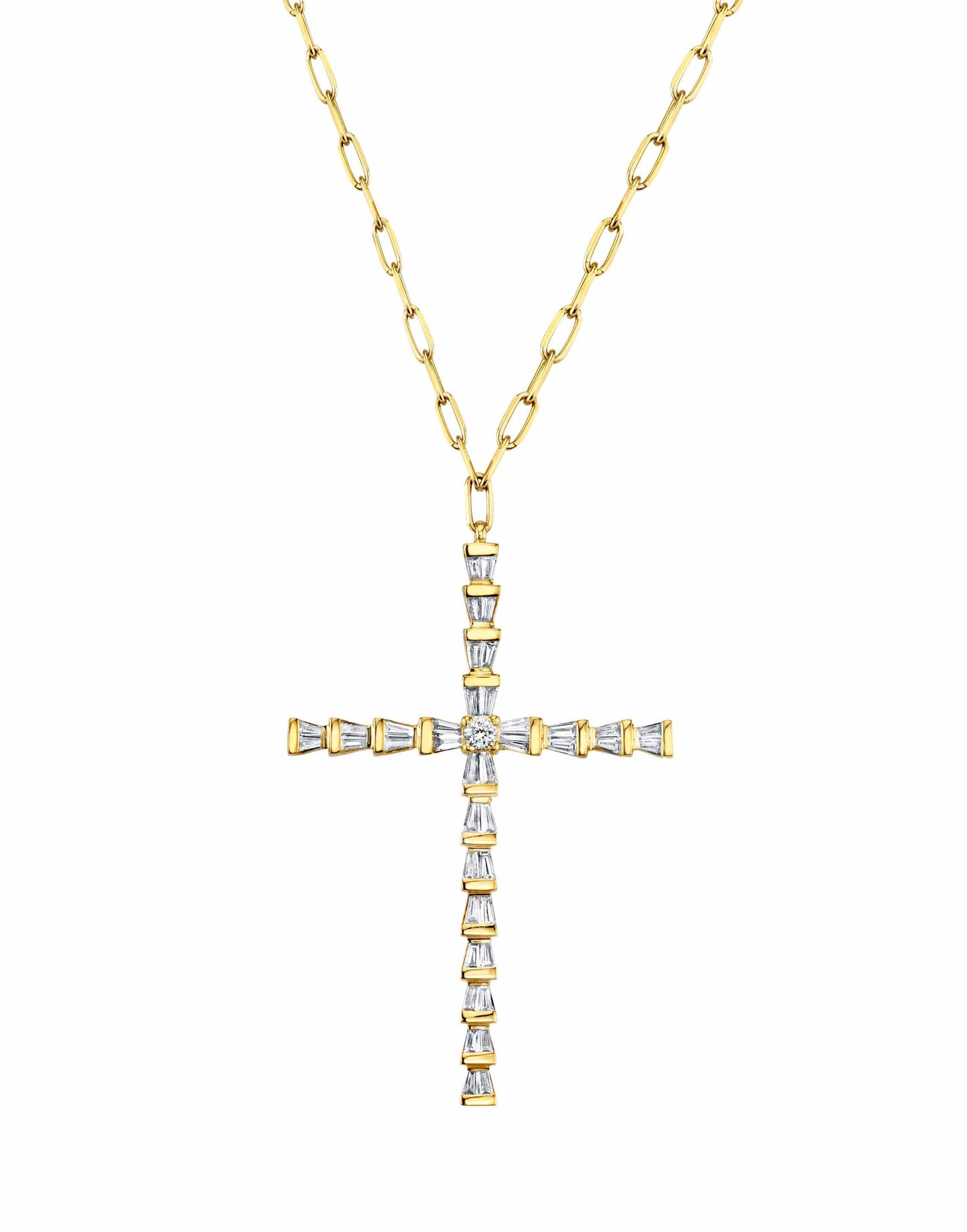 SHAY JEWELRY-Diamond Tapered Baguette Cross Necklace-YELLOW GOLD